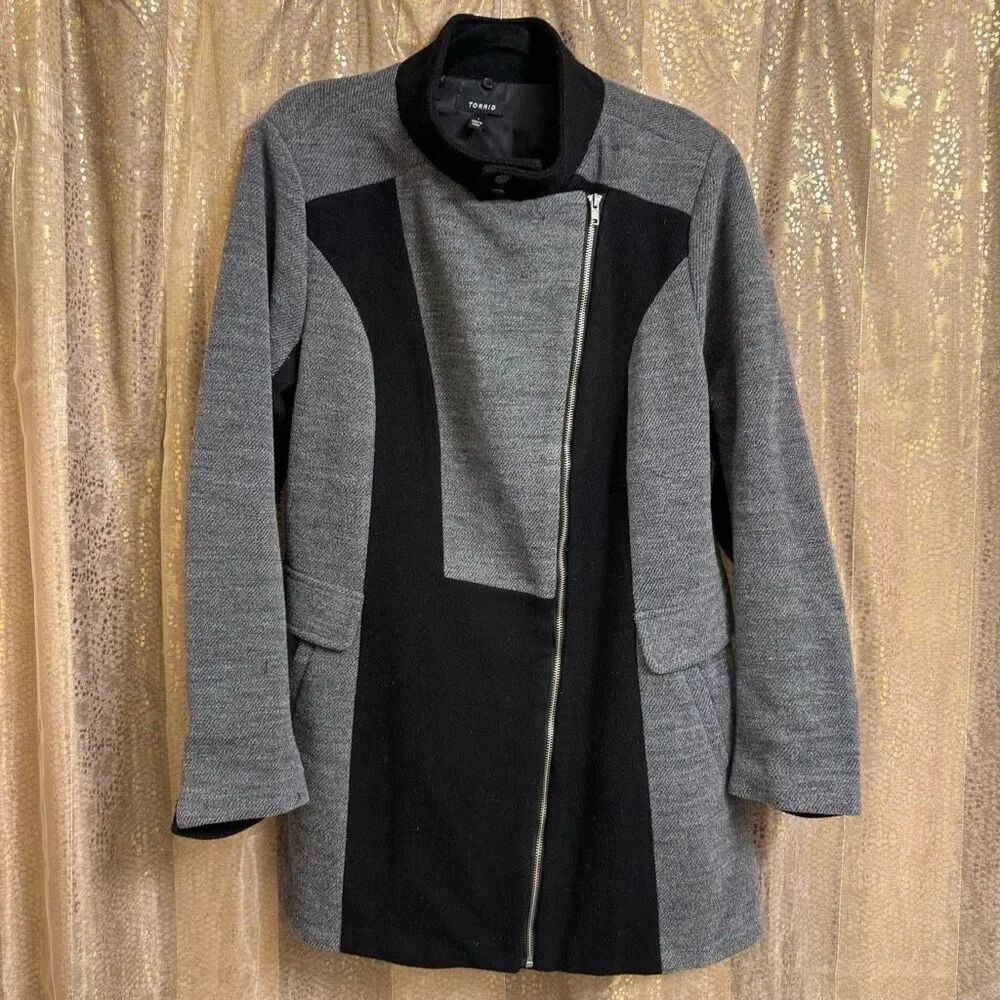 Torrid Black Gray Fitted Colorblock Wool Blend Sweater Coat Zip Up 1 XL